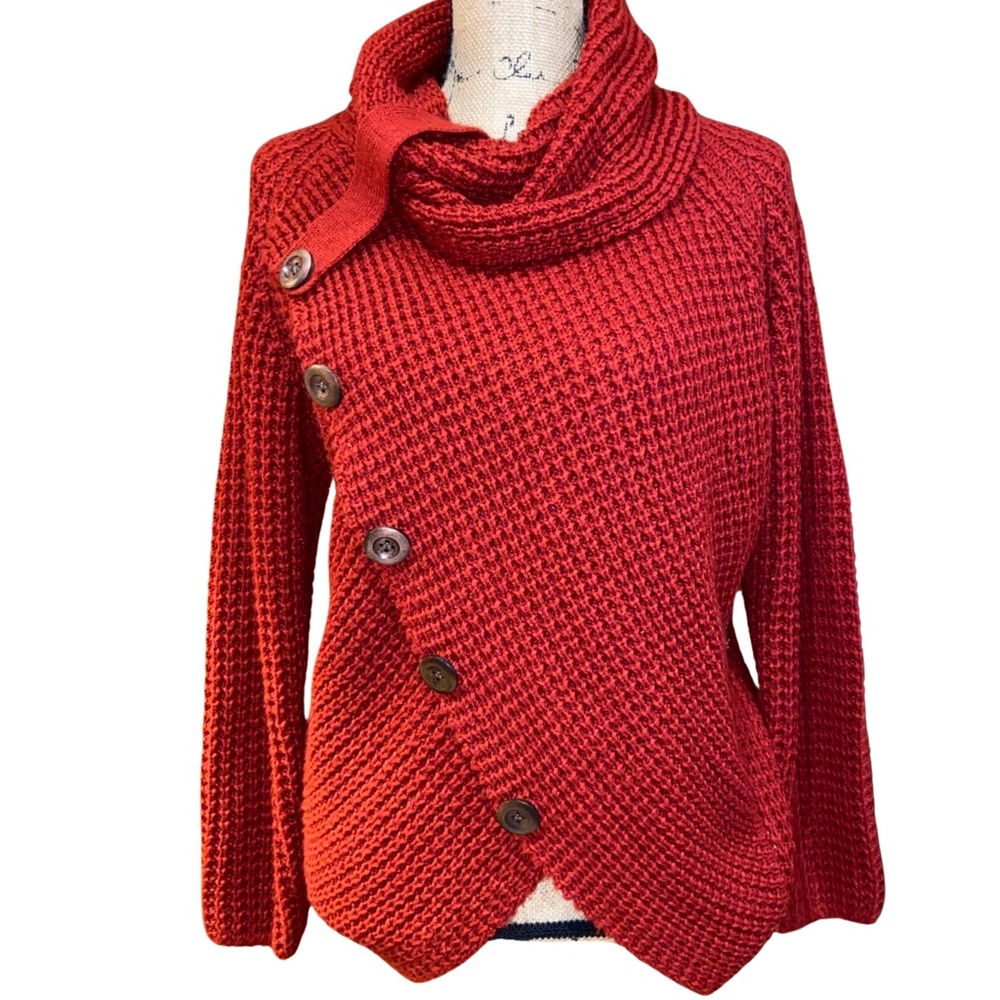 Red Faux Wrap Sweater With Cowl Neck Size M